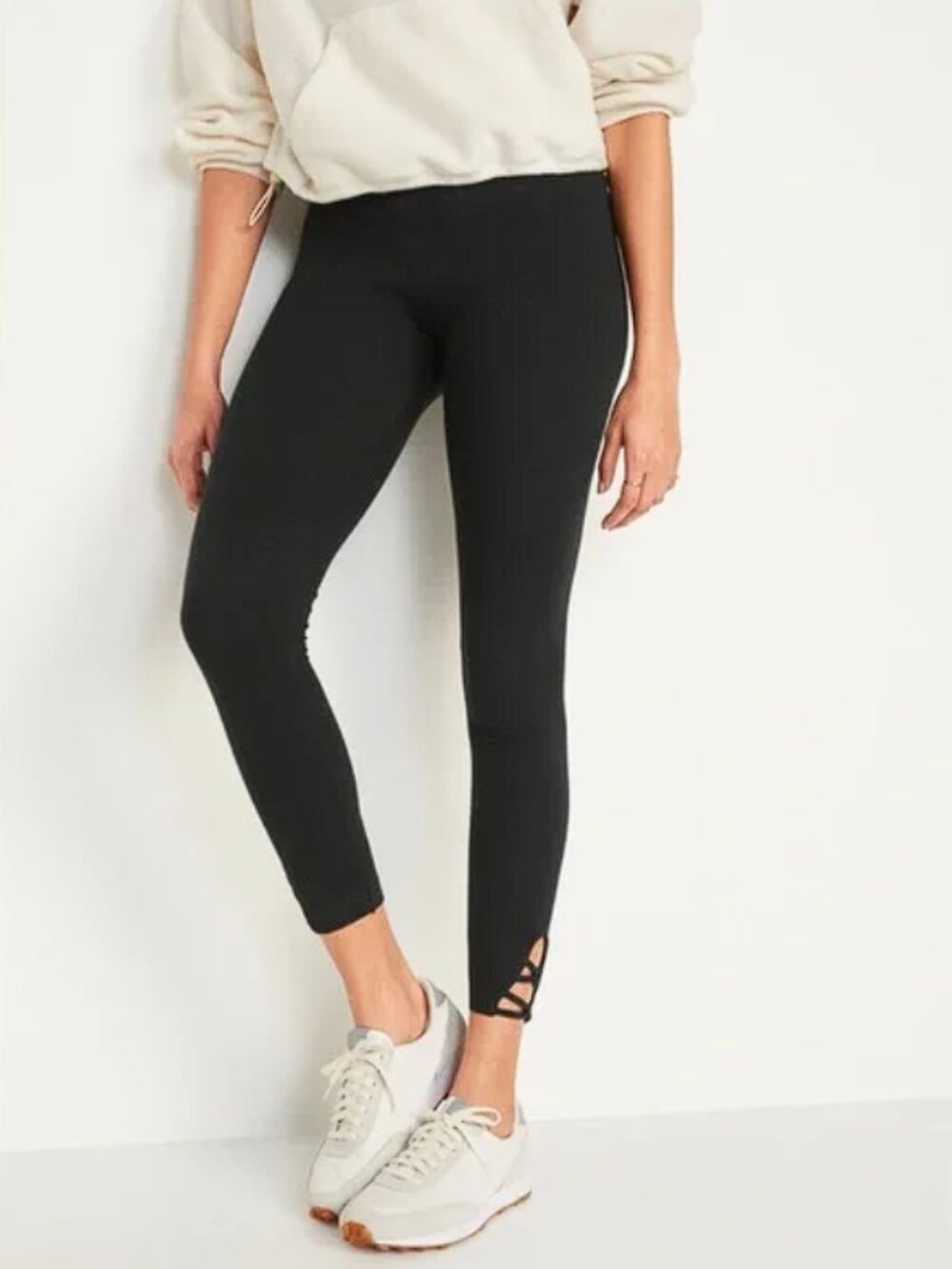 Old Navy High-Waisted Lattice-Hem Ankle Leggings Black Cotton (XL) NWT!